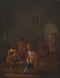 Kartenspielende und zechende Bauern in einem Kellergewölbe